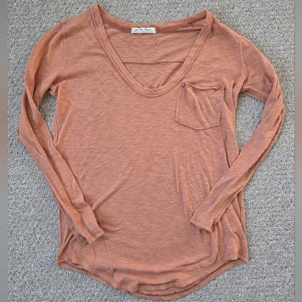 We the Free Betty Orange Rust Long Sleeve Pocket Tee Size XS